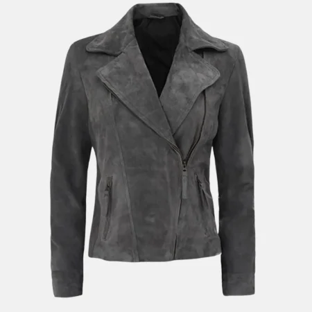 Scarlett Women’s Grey Suede Leather Biker Jacket with Asymmetrical Zip