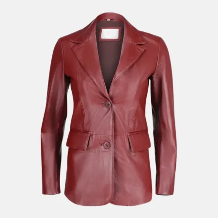 Sophia Women’s Maroon Two Button Leather Blazer Jacket with Slim Fit