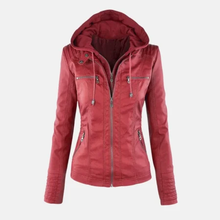 Sophia Women’s Red Detachable Hooded Leather Jacket for Versatile Wear
