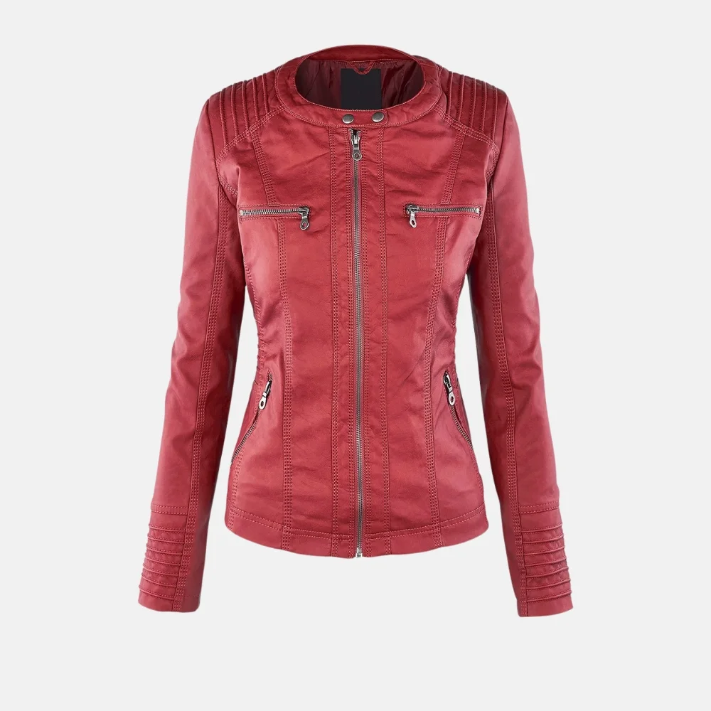 Sophia Women’s Red Detachable Hooded Leather Jacket for Versatile Wear - Image 2