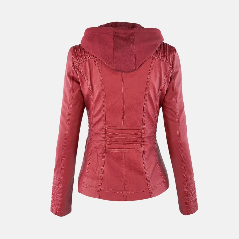 Sophia Women’s Red Detachable Hooded Leather Jacket for Versatile Wear - Image 3