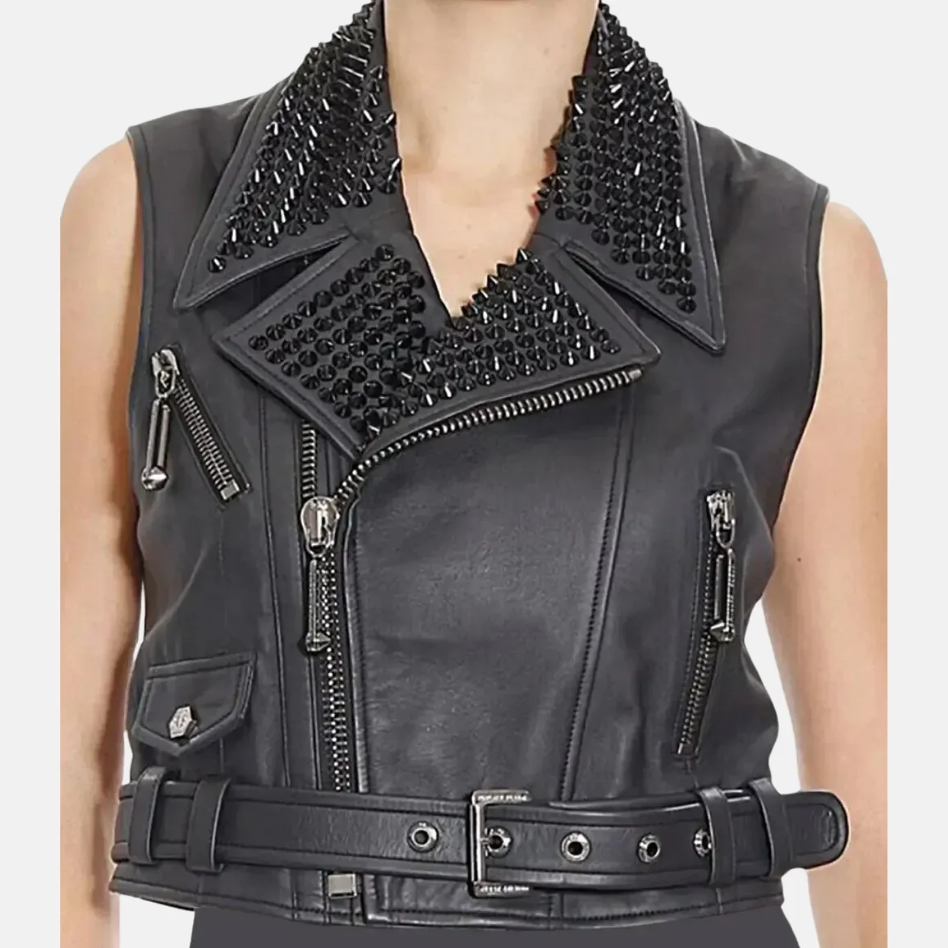Sophie Women’s Punk Black Studded Biker Leather Vest with Zippers