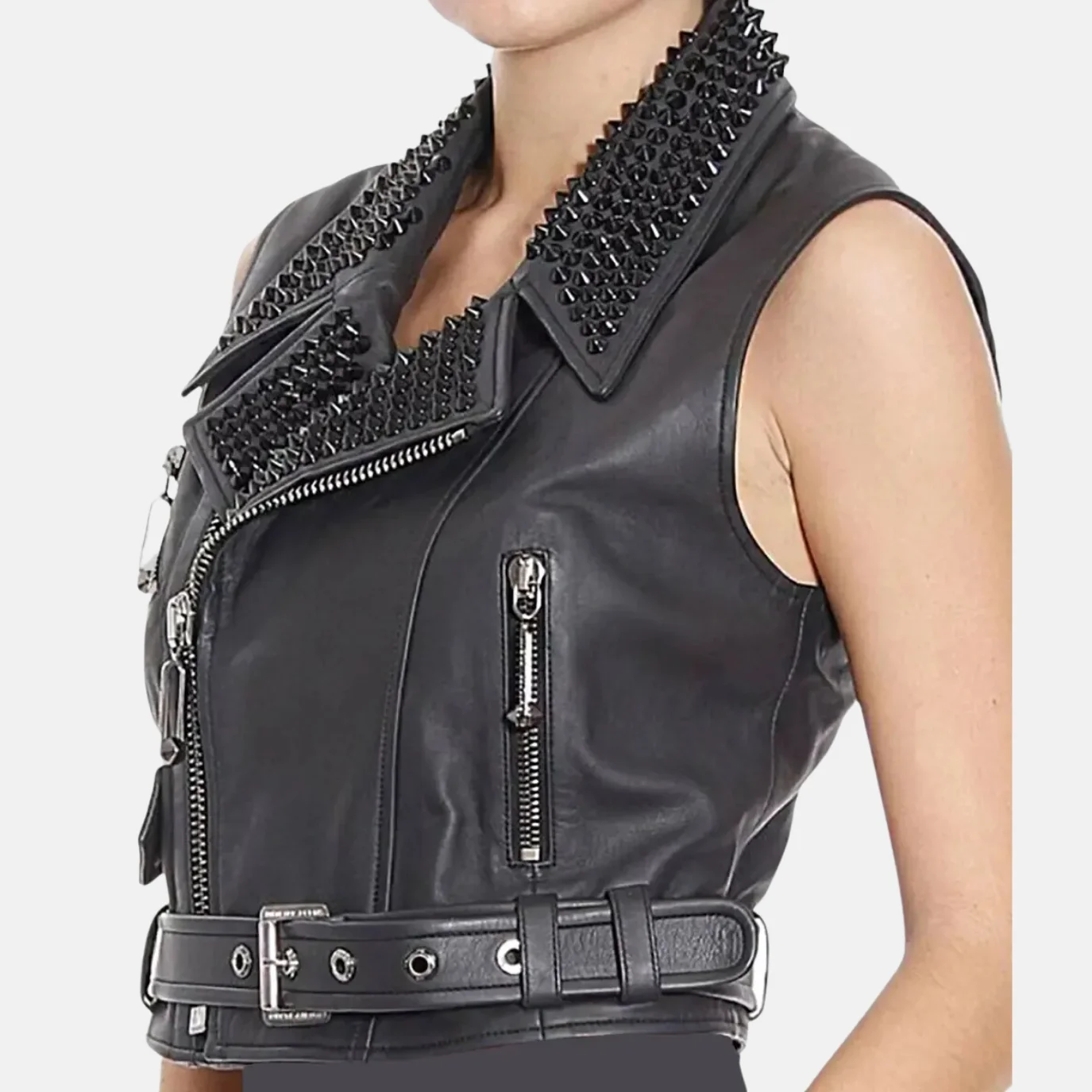 Sophie Women’s Punk Black Studded Biker Leather Vest with Zippers - Image 2