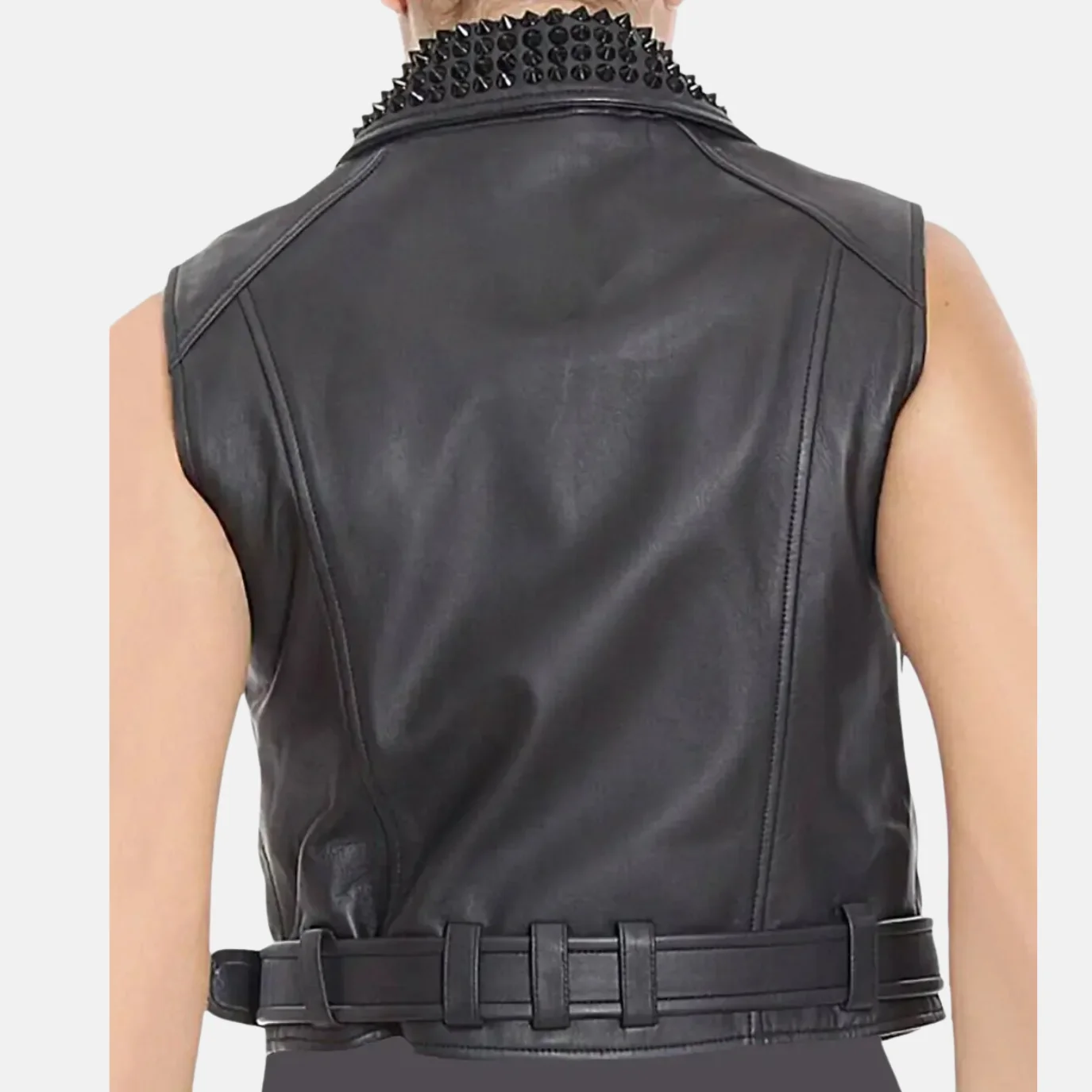 Sophie Women’s Punk Black Studded Biker Leather Vest with Zippers - Image 3
