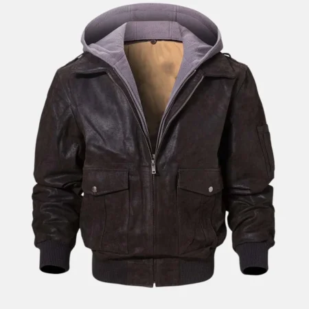 Tyson Men’s Dark Brown Bomber Hooded Leather Jacket for Travel