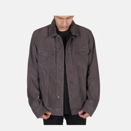 Wyatt Men’s Grey Suede Trucker Jacket with Snap Button Closure