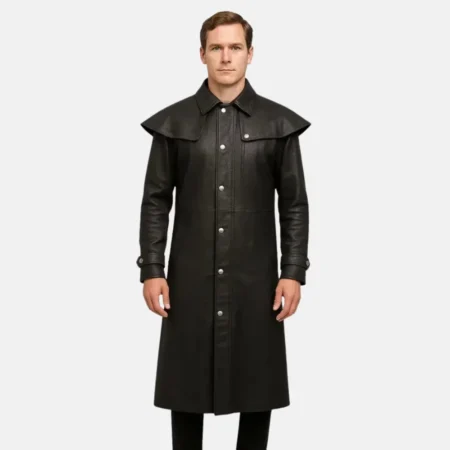 Zachary Men’s Black Leather Duster Coat with Double-Breasted Design